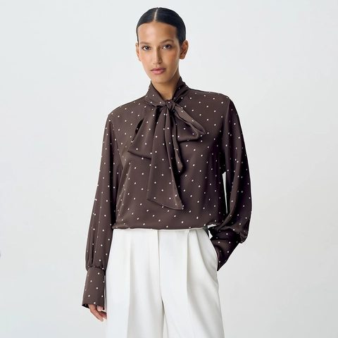 Dames Polka Dot Satijnen Blouse Elegant Strik Hals Lange Mouwen Casual Kantoor Shirt