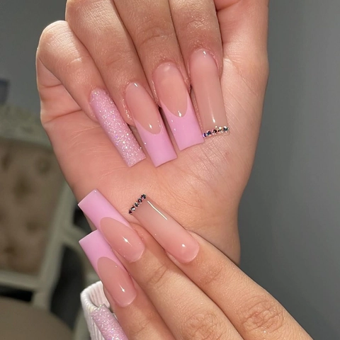 Extra Lange Coffin Plaknagles French Tip Roze Nude Kunstnagels Strass Glitter DIY Manicure Voor Vrouwen
