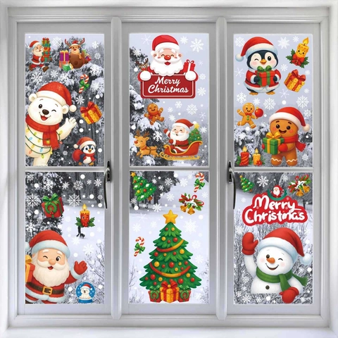 Christmas Window Cling Stickers Santa Claus Snowman Reindeer Snowflake Static PVC Double Sided Color Holiday Glass Decor
