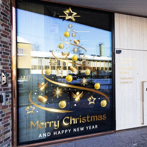 Kerst Venstersticker PVC Statisch Herbruikbaar Zonder Lijm Glazen Deur Winkel Huis Goud Boom Decoratie