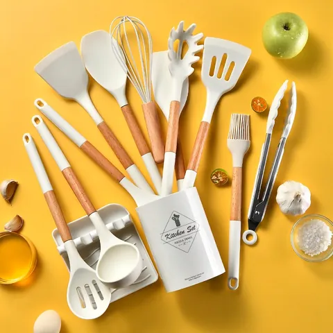 Silicone Kitchen Utensils With Wooden Handles Heat Resistant Nonstick Cooking Tools For Home Restaurant Modern Style