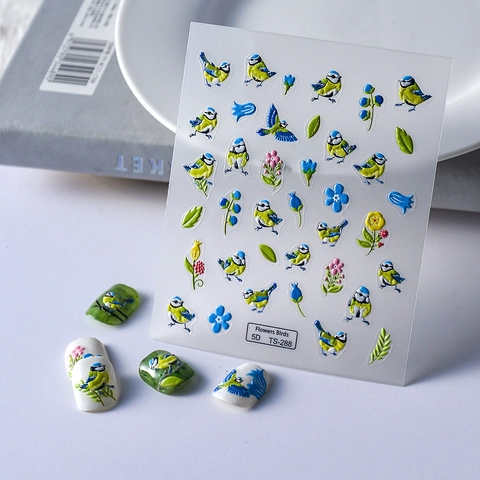 Autocollants Ongles 5D Relief Fleurs Et Oiseaux Autocollants 3D Décoration De Manucure Pour Femmes Art Des Ongles Floral