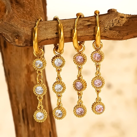 Orecchini Pendenti In Acciaio Inossidabile 304 Placcato Oro 18K Zircone Tondo Tripla Goccia Gioielli Impermeabili Donne