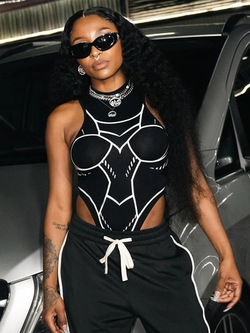 Women Sleeveless Mock Neck Bodysuit High Cut Slim Fit Geometric Line Print Futuristic Streetwear Sporty Fashion