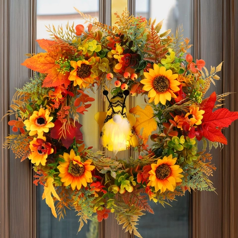 Autumn Sunflower Wreath With Glowing Bee Gnome Maple Leaves Artificial Fall Harvest Door Hanging Decoration