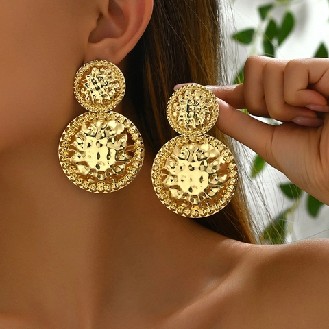 Hammered Double Round Drop Earrings Zinc Alloy With Stainless Steel Earring Post Retro Geometric Jewelry For Women