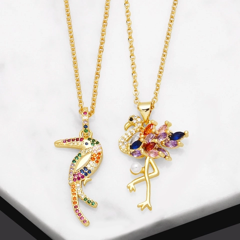 Collana Pendente Uccello Animale Zirconi Colorati Rame Placcato Oro Fenicottero Tucano Pappagallo Gioielli Regalo Donna
