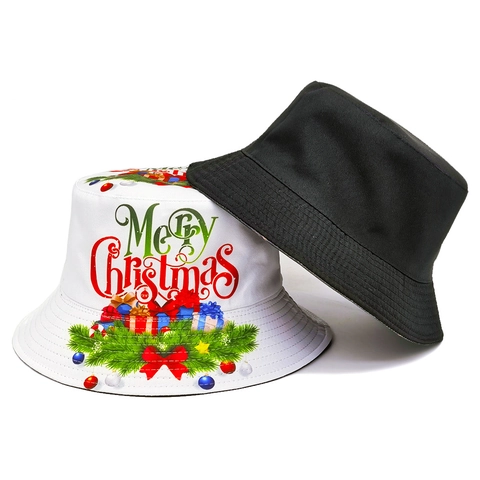 Kerst Omkeerbare Vissershoed Polyester Merry Christmas Patroon Buiten Zonbescherming Wit Zwart Unisex