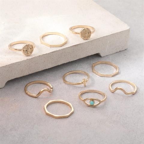 Vintage Gold Color Ring Set For Women Bohemian Style Eye Cross Wave Pattern Electroplated Alloy Ring Jewelry Gift