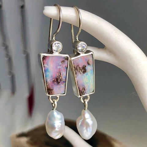 Pink Opal Artificial Baroque Pearl Dangle Earrings Geometric Zircon Inlaid Vintage French Hook Elegant Jewelry For Women
