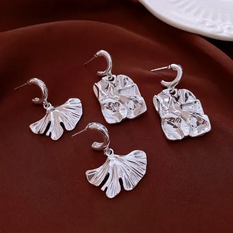 Orecchini In Lega Con Foglie Di Ginkgo E Geometrici Irregolari Con Silver Earring Post Per Donna Stile Moderno