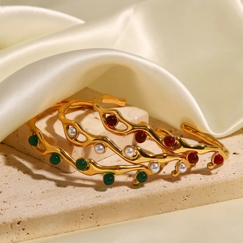 Irregular Wave Open Bangle Gold Plated Stainless Steel Artificial Pearl Green Stone Vintage French Style Cuff Bracelet For Women