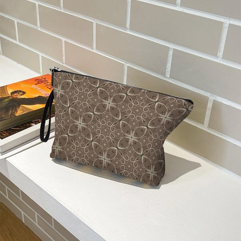 Borsa Da Trucco Con Motivo Geometrico Portatile In Lino Pochette Cosmetica Con Cerniera E Cinturino Da Polso Per Donne Viaggio Conservazione