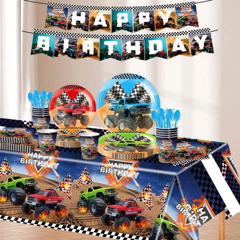 Monster Truck Birthday Party Supplies Set Disposable Paper Plates Napkins Cups Tablecloth Banner Balloons Cake Decor