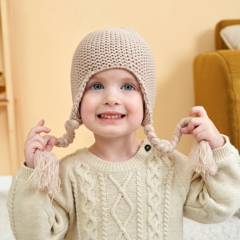 Baby Knitted Hat With Ear Flaps And Braids Warm Winter Beanie Solid Color For Newborn Toddlers