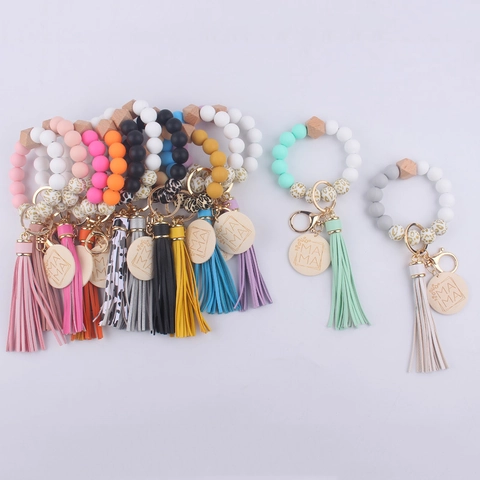 Silicone Beaded Keychain Wristlet Wooden MAMA Pendant PU Tassel Leopard Print Bracelet Key Ring Women Mother Gift