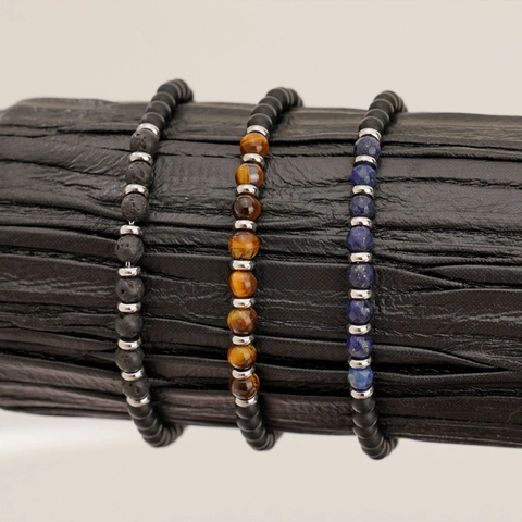 Men Natural Stone Beaded Bracelet Stainless Steel Clasp Lapis Lazuli Tiger Eye Lava Stone Matte Onyx Adjustable Jewelry