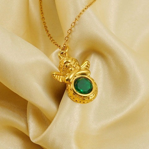 Collana Con Ciondolo Angelo In Acciaio Inossidabile Placcato Oro 18K Con Zircone Verde Gioielli Cupido Per Donna