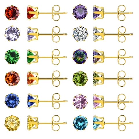 Ronde Cubic Zirconia Oorknopjes Verguld Roestvrij Staal Geboortesteen Gekleurde Kristallen Sieraden Dames Dagelijks