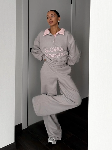 Felpa E Pantaloni Da Donna In Misto Cotone Mezza Bottoniera Colletto Polo Contrasto Ricamo Lettere Streetwear