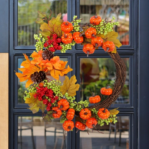 Artificial Autumn Wreath With Pumpkin Maple Leaves Pine Cones And Berries Rattan Base Thanksgiving Halloween Hanging Decor
