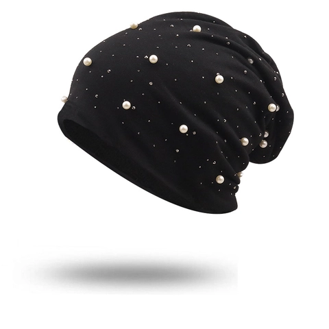 Gorro Beanie Mujer Punto Algodón Cálido Elástico Perla Artificial De Imitación Rhinestone Invierno Otoño