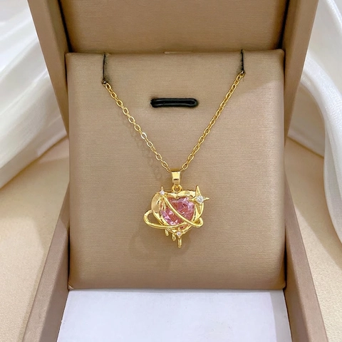 Edelstahl Herz Planet Anhänger Halskette Mit Rosa Zirkonia Kupfer Mikro Eingelegt Eleganter Süßer Schmuck Für Damen