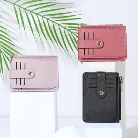 Womens Mini Card Holder Wallet PU Leather Multi Slots Zipper Coin Purse Snap Button Portable ID Credit Card Case