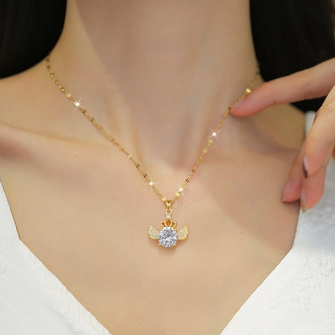 Collana Con Ciondolo A Corona E Ali Di Angelo Per Donna Catena In Acciaio Al Titanio Rame Micro Pavè Zircone Gioielli