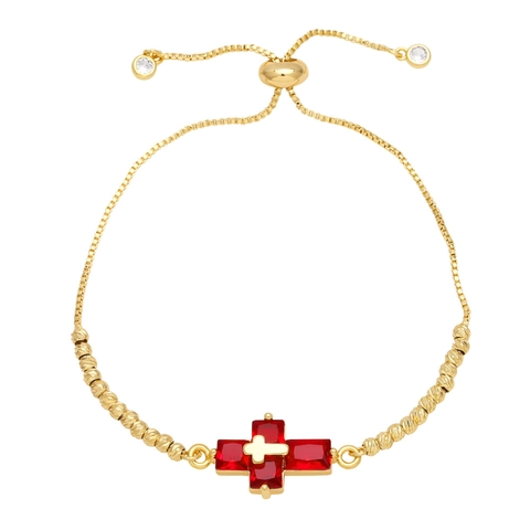 Bracciale Bolo A Croce In Rame Placcato Oro Vero Con Zircone Colorato Catena A Scatola Regolabile Gioielli Da Donna