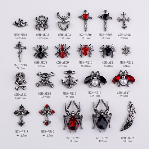 Gothic Nail Art Charms Legierung Totenkopf Kreuz Spinne Fledermaus Punk Dark Style Halloween Maniküre Dekorationen