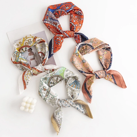 Floral Print Square Scarf Elegant Vintage Imitation Satin Neck Scarf For Women Professional Sweet Style