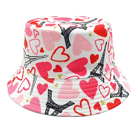 Dames Romantisch Hart Patroon Bedrukte Vissershoed Valentijnscadeau Polyester Zonbescherming Opvouwbare Vissershoed Retro Hoed