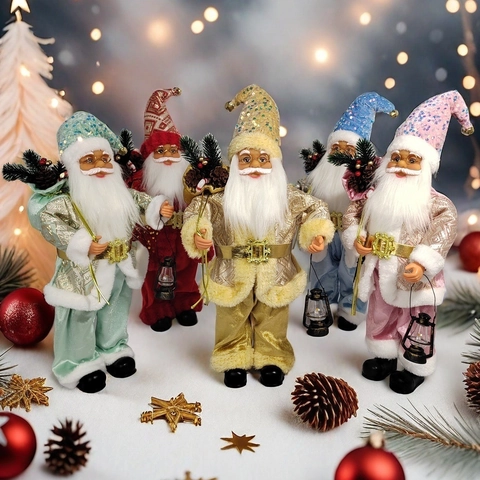 Staande Kerstman Figuur Met Lantaarn Paillettenmuts Fluwelen Jas Traditionele Kerstpop Ornament Cadeau