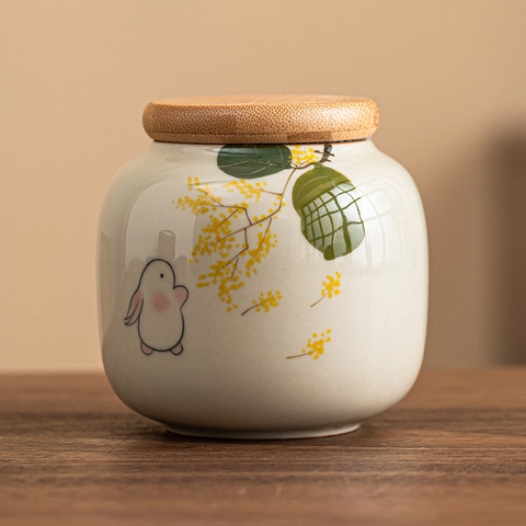 Ceramic Tea Caddy Airtight Storage Jar Hand Painted Rabbit Osmanthus Pattern Moisture Proof Portable Porcelain Container