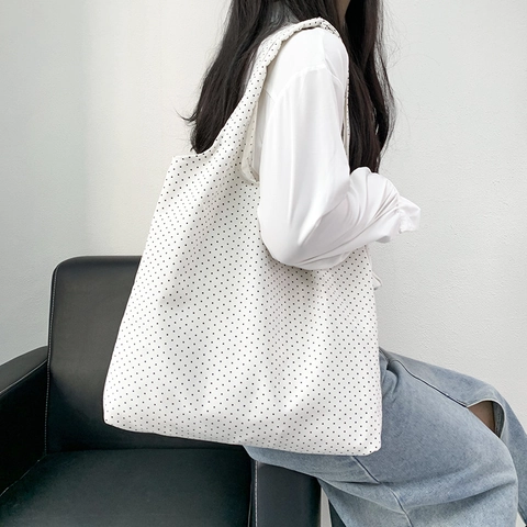 Borsa Tote In Tela Grande Capacità Stampa Pois Plaid Righe Borsa A Spalla Casual Per Donne Studentesse