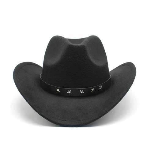 Western Cowboy Hat Wide Brim Wool Felt Fedora With Star Rivets Leather Belt For Men Women Retro Ethnic Style