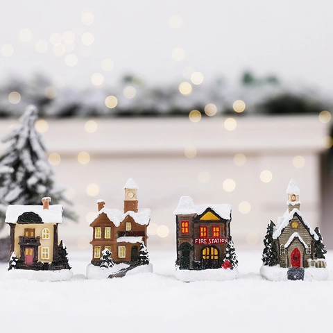 Christmas Miniature House LED Light Up Resin Snow Covered Village Building Desktop Decoration Holiday Ornament