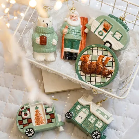 Christmas Hanging Ornaments Plastic Ceramic Look Santa Bear RV Car House Festive Tree Decorations