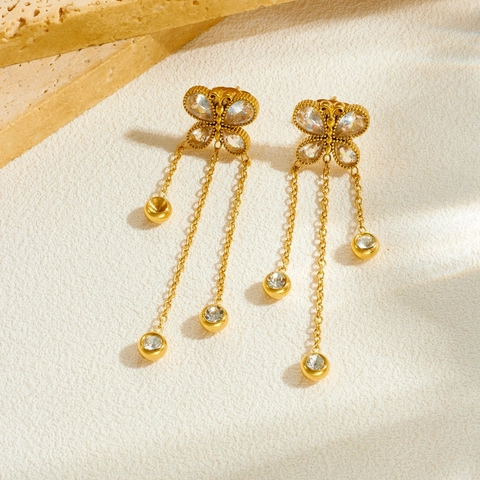 Butterfly Tassel Earrings Stainless Steel Gold Plated Long Chain Drop With Sparkling Cubic Zirconia Elegant Style