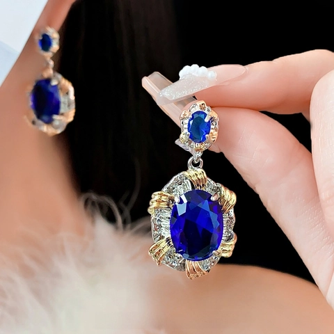 Orecchini A Lobo Ovali Con Zircone Blu Vintage Con Perno In Argento Metallo Rame Bicolore Gioielli Barocchi Da Donna