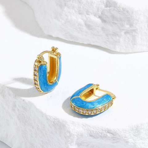 Boucles D Oreilles Creoles En U Cuivre Plaquees Or 18K Email Colore Goutte D Huile Zircon Blanc Style Boheme Pour Femmes