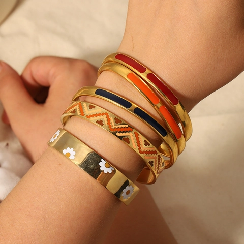 Geometrisches Emaille Edelstahl Manschettenarmband Blumen Bemalt Vergoldet Mode Schmuck Accessoire Für Damen
