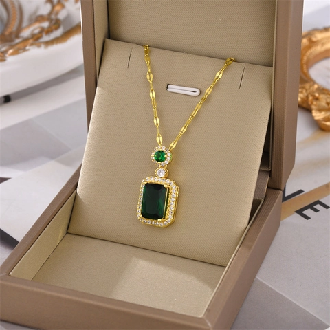 Square Gemstone Pendant Necklace Titanium Steel Copper Cubic Zirconia Halo Vintage Luxury Jewelry For Women Gold Plated