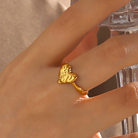 Stainless Steel Heart Shape Ring Molten Texture Adjustable Open Band Irregular Geometric Jewelry For Women