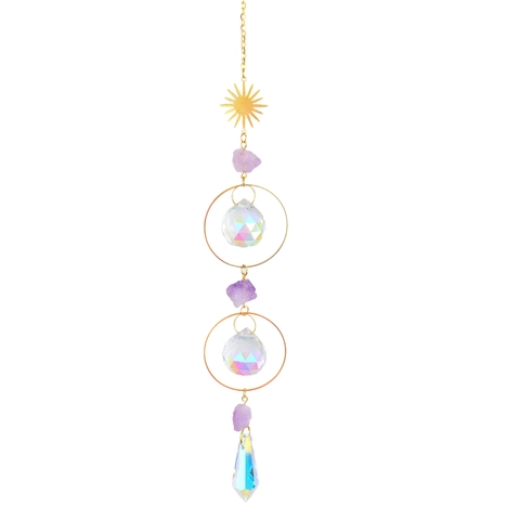 Crystal Suncatcher Wind Chime Hanging Ornament With Natural Purple Stone Prism Rainbow Maker For Garden Home Decor Bohemian Sun Moon