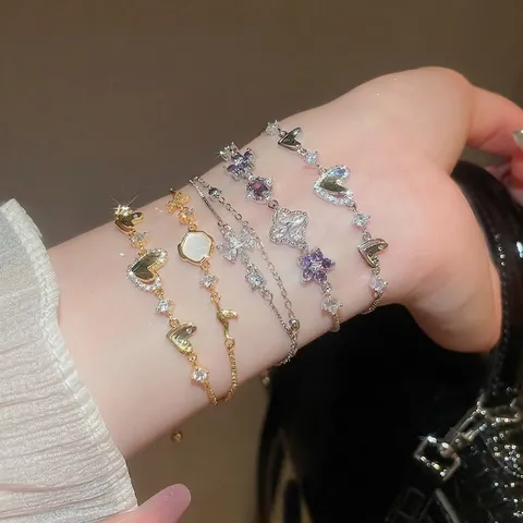 Adjustable Sliding Bracelet Zircon Heart Hollow Flower Starfish Shell Pendant Gold Silver Plated Elegant Jewelry Women