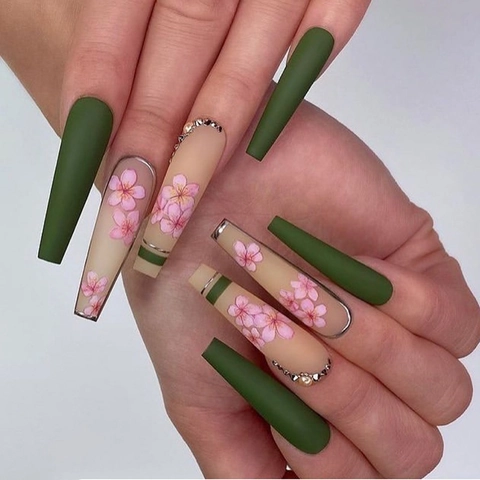 Uñas Postizas Presionables Mate Verde Oliva Forma Ataúd Estampado Cerezo Pedrería Perla Artificial Manicura Elegante Para Mujeres