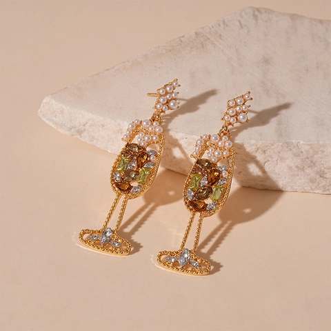Pendientes De Copa De Champaña Con Diamantes De Imitación Multicolor Y Perla Artificial De Imitación Joyería De Aleación