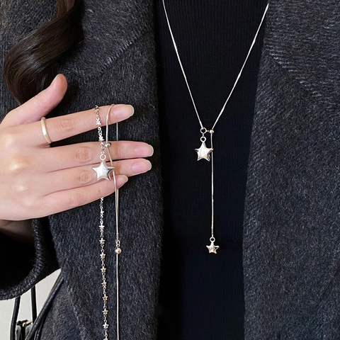 Collana Pendente Stella Asimmetrica Lariat a Y Rame Placcato Argento Catena Serpente Minimalista Elegante Gioielli Da Donna